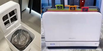 From left: A trash bin with an automatic sealing function; UV knife and chopping board sterilizer [SCREEN CAPTURE] 